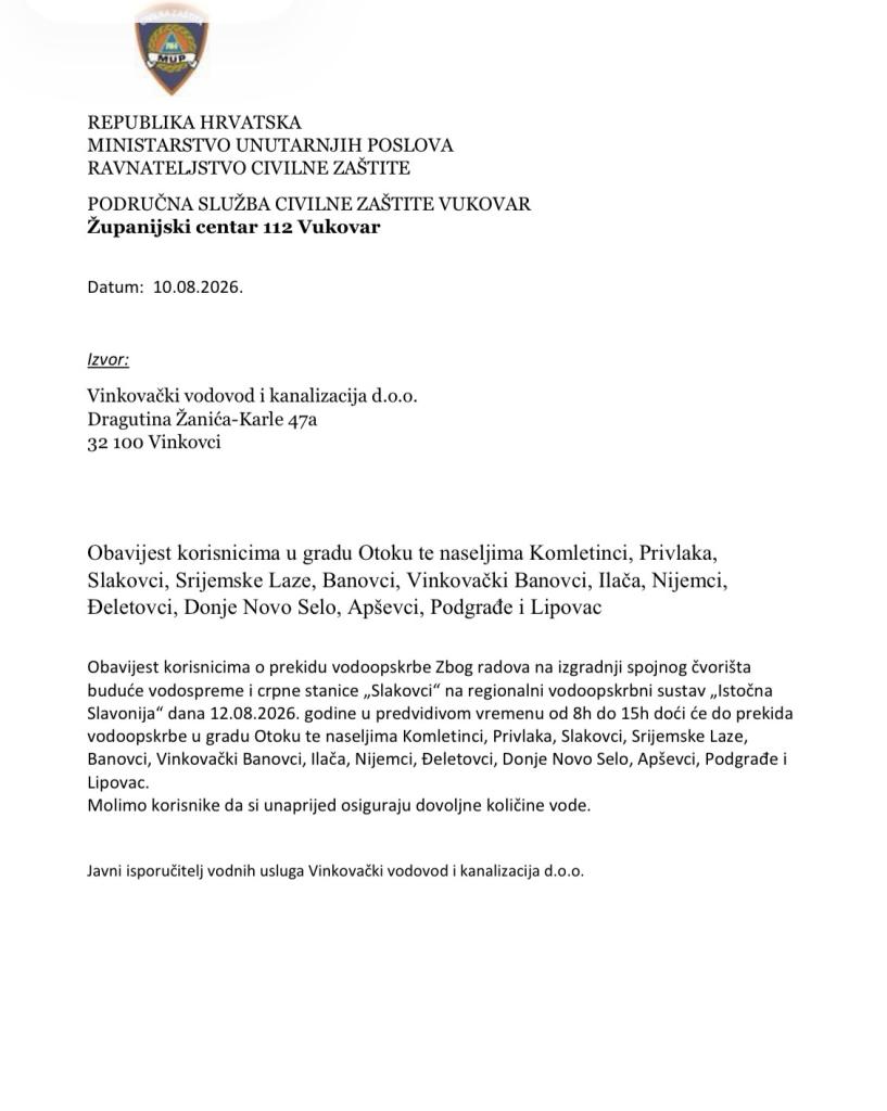 OBAVIJEST O PREKIDU VODOOPSKRBE 12.08.2026.
